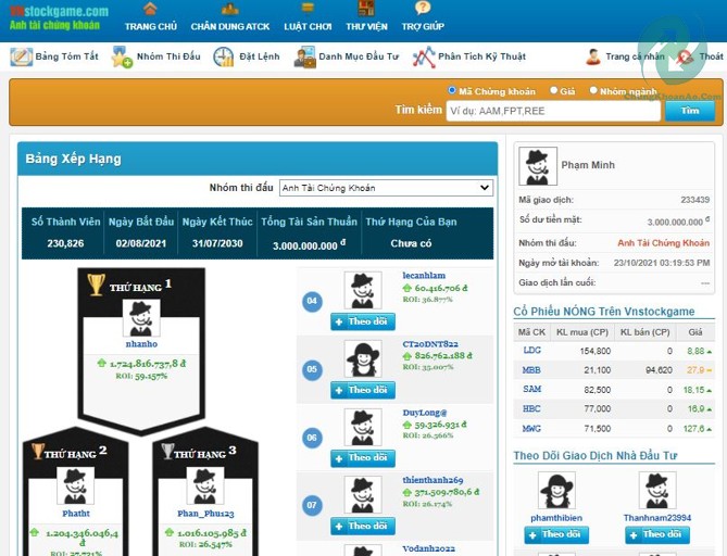 sàn chứng khoán ảo vnstockgame