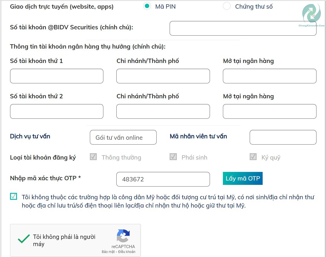 Hướng dẫn mở tài khoản chứng khoán BIDV - BSC 2023 6 Điền số tài khoản và lấy mã OTP