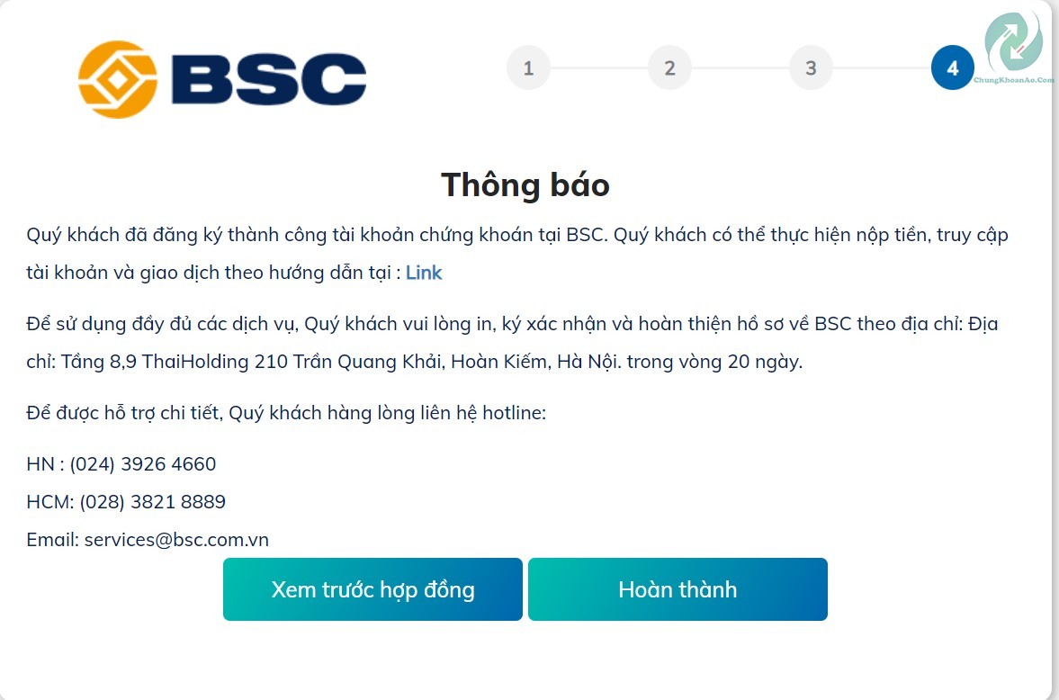Hướng dẫn mở tài khoản chứng khoán BIDV - BSC 2023 7 Hoàn tất mở tài khoản chứng khoán BIDV online