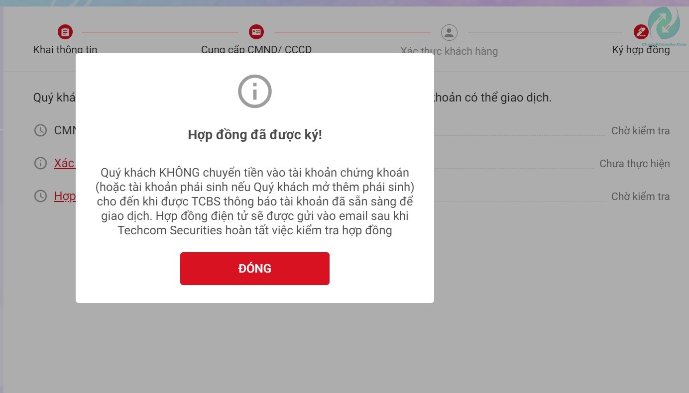 Hoàn tất đăng ký tài khoản chứng khoán Techcombank