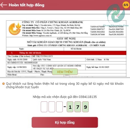 Hoàn thành mở tài khoản chứng khoán agribank