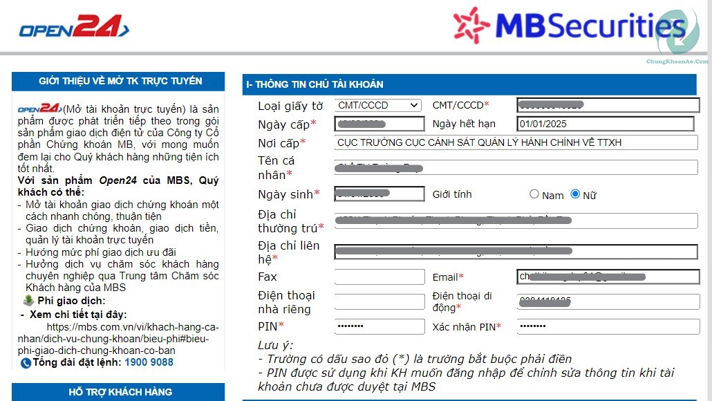 Thông tin chủ tài khoản chứng khoán MBS