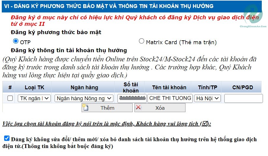 Đăng ký phương thức bảo mật và thông tin tài khoản thụ hưởng MBS