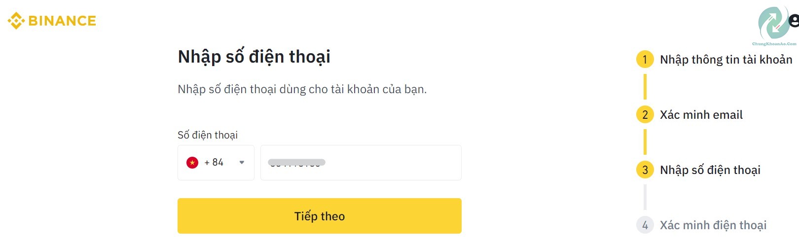 Nhập số điện thoại đăng ký binance
