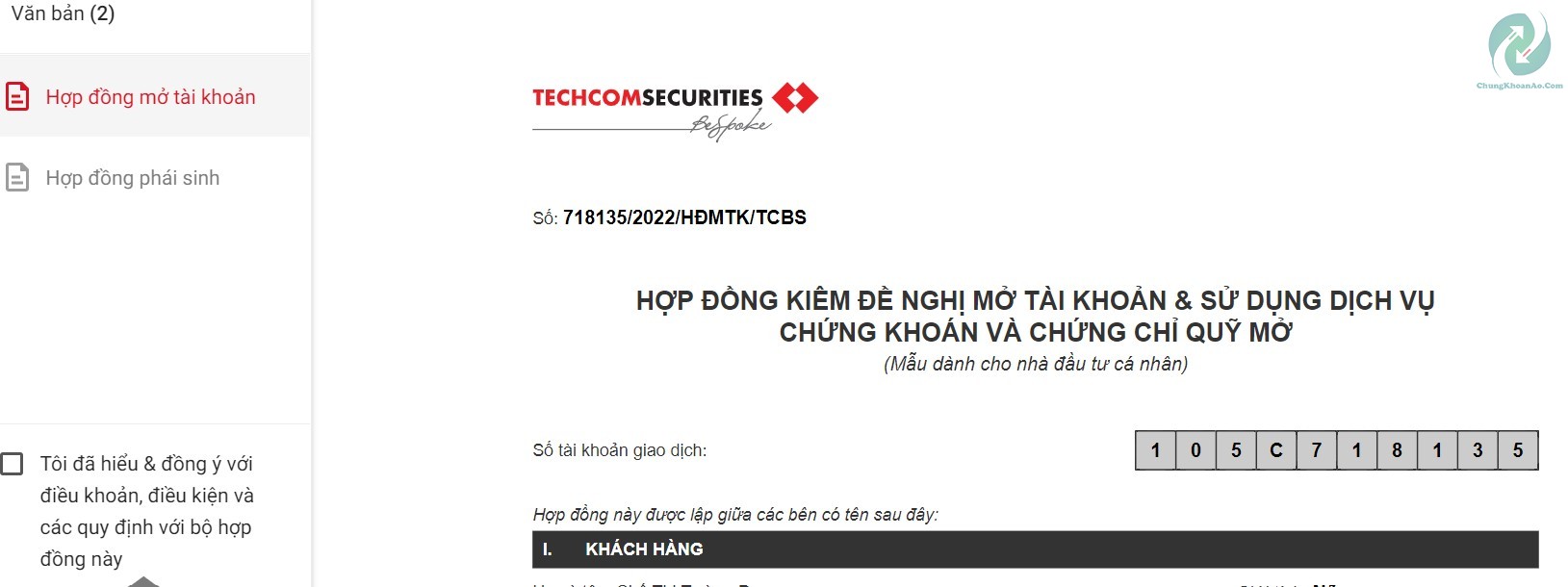 Ký hợp đồng đề nghị mở tài khoản chứng khoán Techcombank