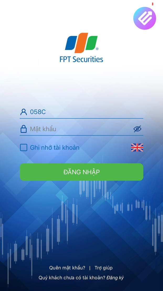 Giao diện màn hình của FPT EzMobileTrading trên điện thoại