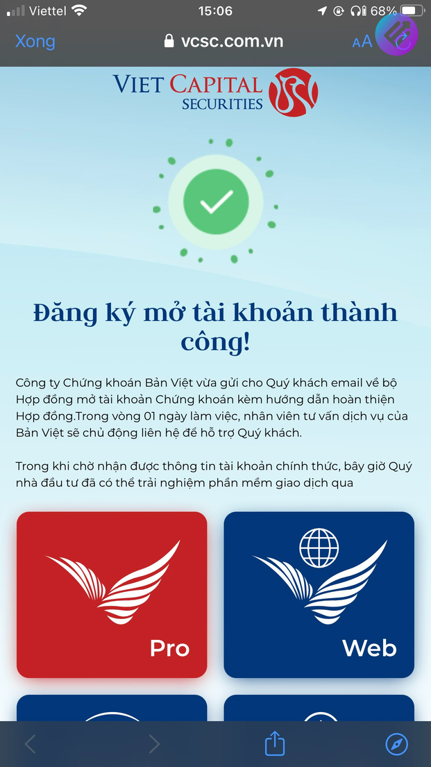 Mở tài khoản chứng khoán Bản Việt thành công